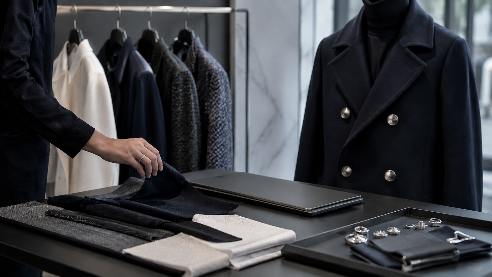 Luxury fashion material review scene with refined fabric details and a cool editorial atmosphere, illustrating precision and brand perception in fashion and luxury translation.